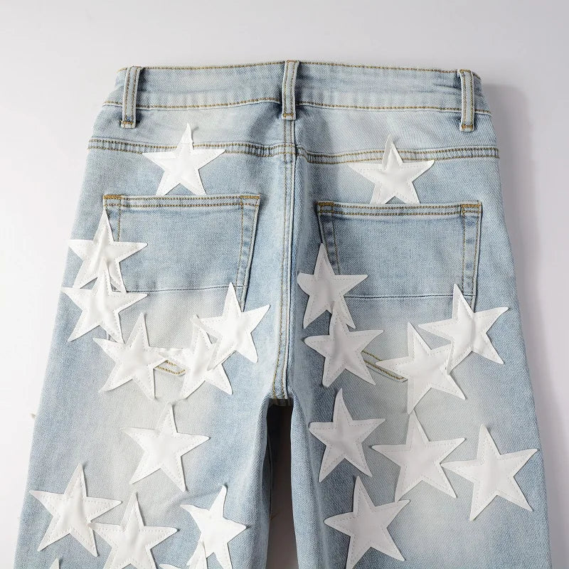 Best Sellers Men's Distressed Streetwear Light Blue Denim Pants Leather White Stars Patchwork Moustache Holes Ripped Jeans Pants