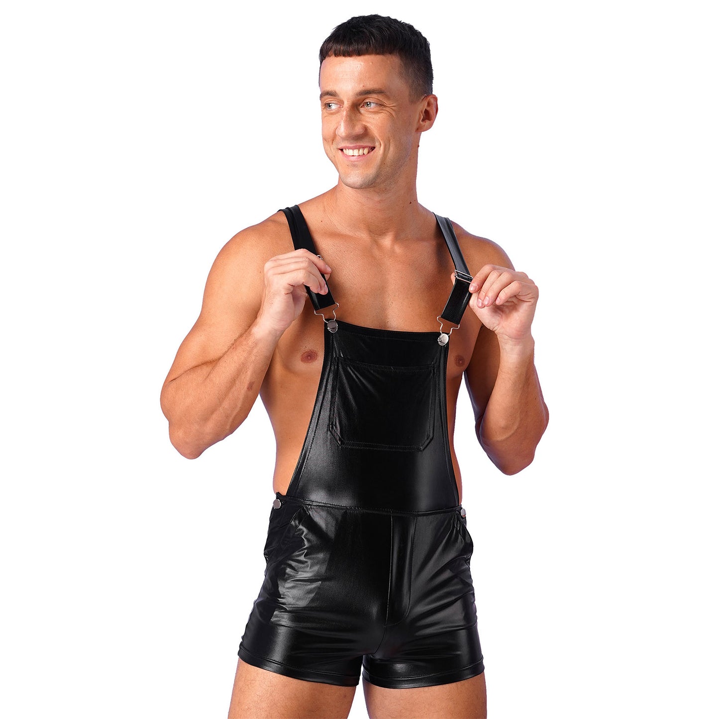 Mens Shiny Metallic Bib Overall Suspender Shorts Jazz Hip Hop Leotard Dance Costumes Shoulder Straps Jumpsuit Suspender Romper