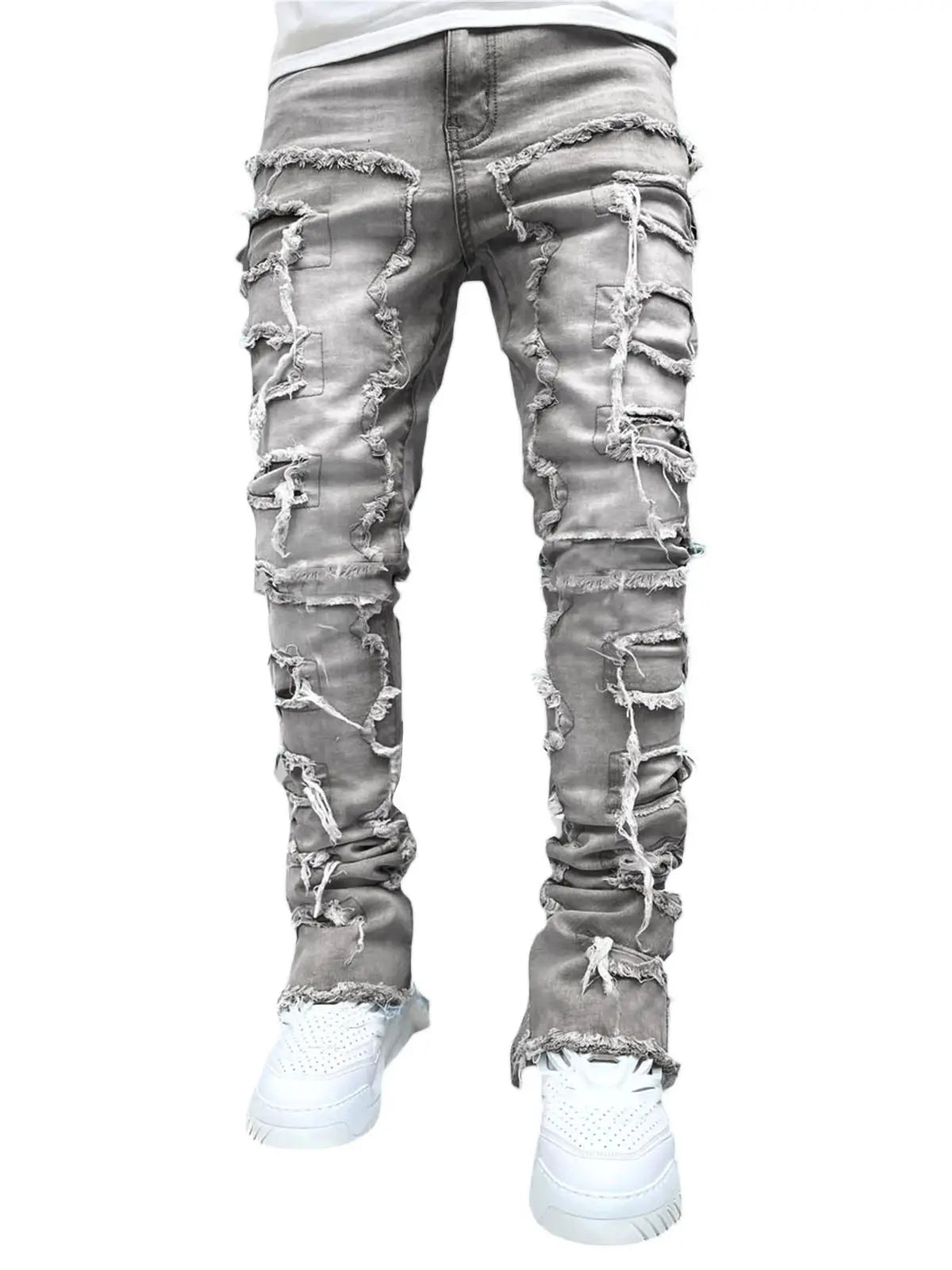 new Patch denim straight-leg pants retro jeans street fashion ins explosive style elastic new men's fashion retro denim trousers