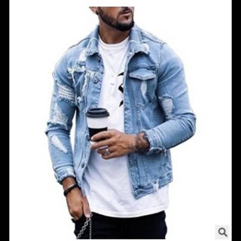 Men's Denim Jacket Ripped Irregular Wash Jacket Men's