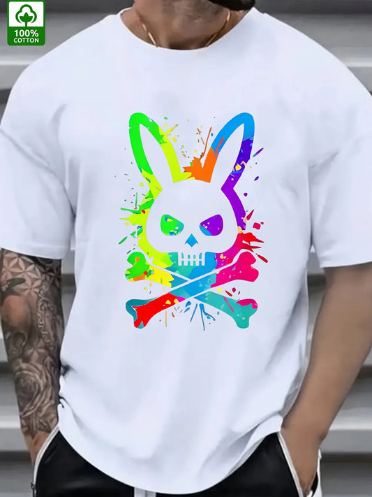 Men's summer 100% pure cotton fashionable casual loose color skull and rabbit print sports round neck short sleeved T-shirt top
