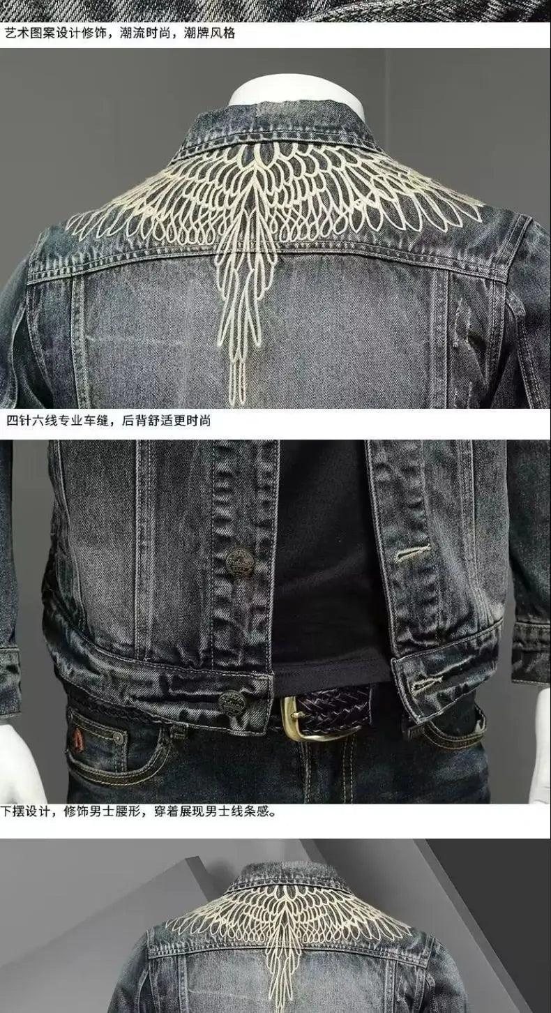 Men's retro denim jacket high street trendy embroidered lapel motorcycle jacket loose casual fashion versatile men's clothing