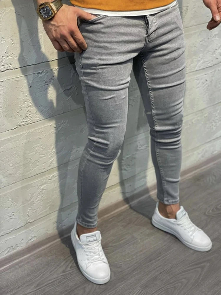 High Quality Fashion European American Classic Solid Washing Denim Pants Casual Men's Stretch Trouser Blue Skinny Jeans Men