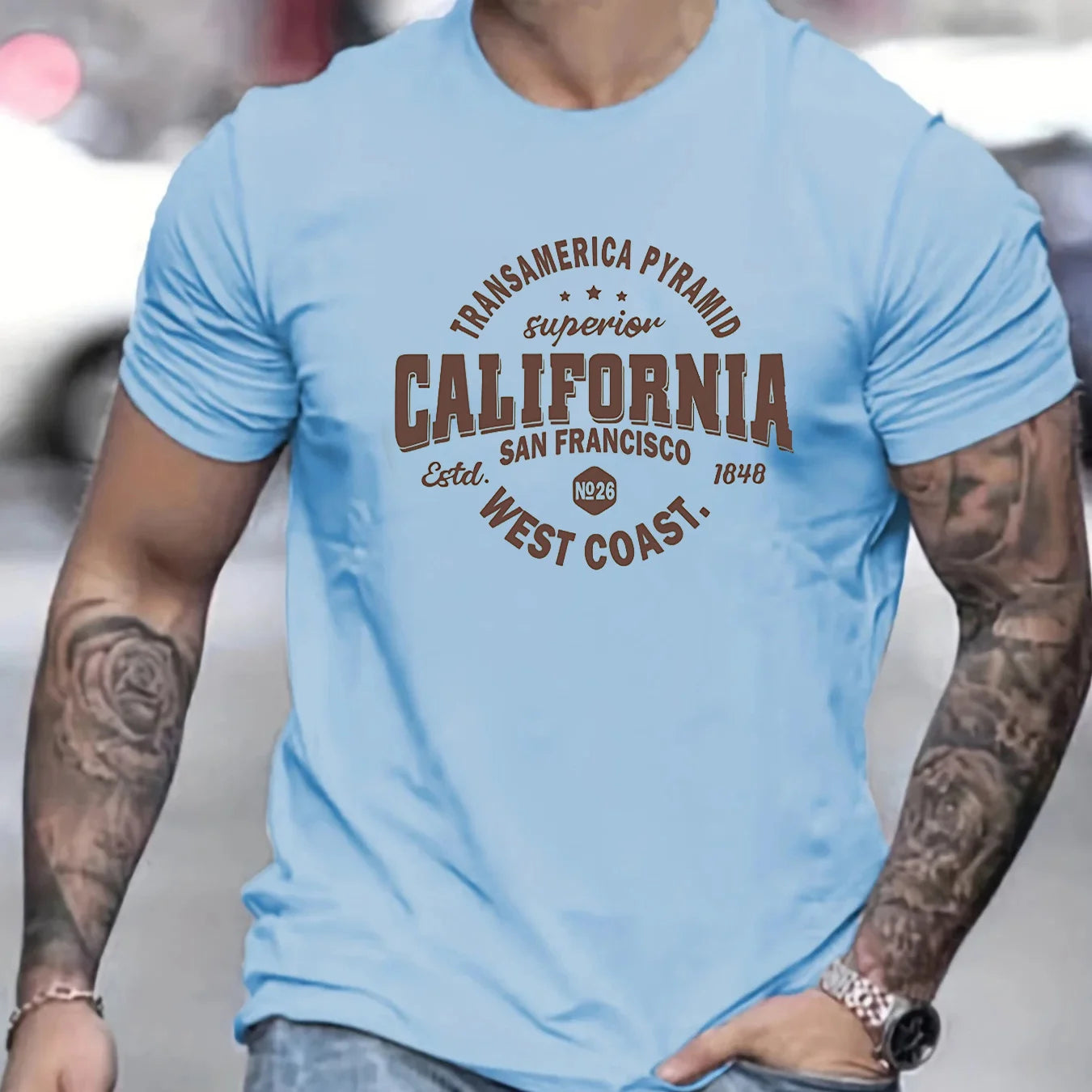 Men's 100% cotton casual sports loose fit California West Coast print round neck short sleeved T-shirt top