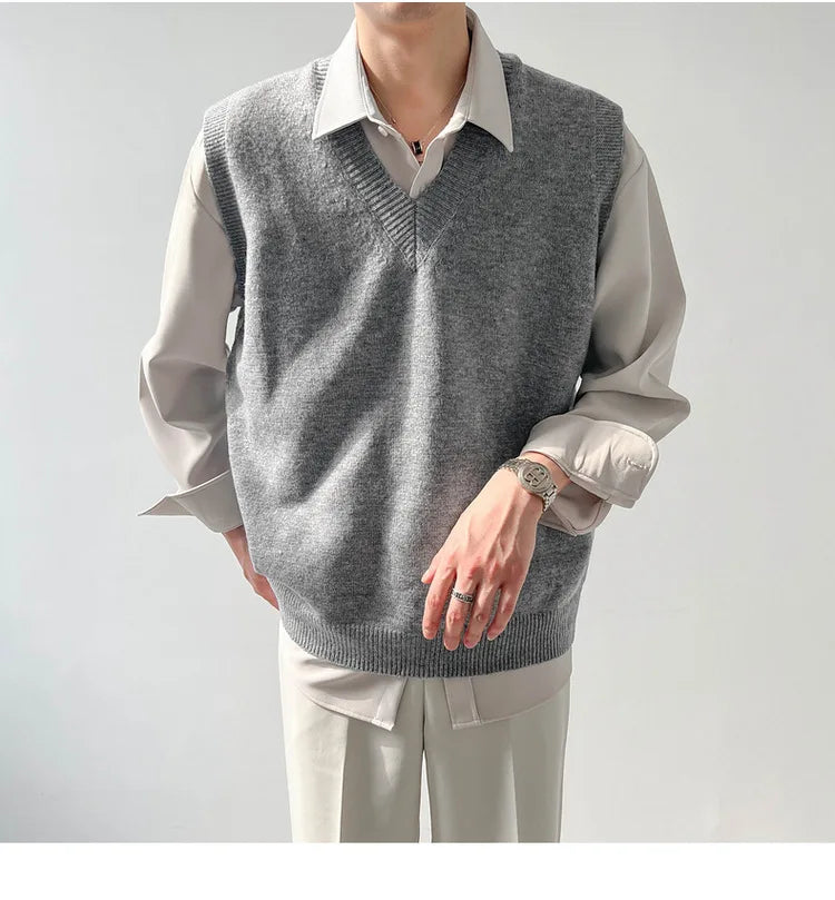 Korean Loose Base Knitted Sweater Sleeveless Vest Men's Underwear Pullover V-neck Sweater Vest