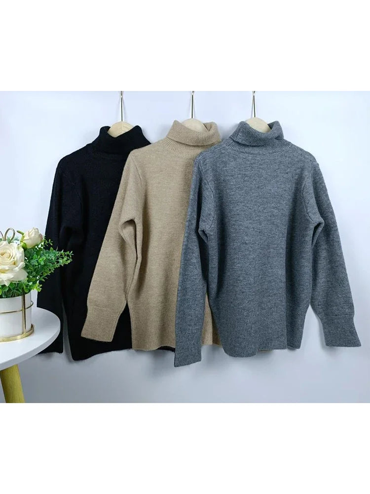 Women's Turtleneck Sweater Autumn Winter Korean Fashion Loose Black Long Sleeve Top Solid Color Simple Casual Women Pulovers