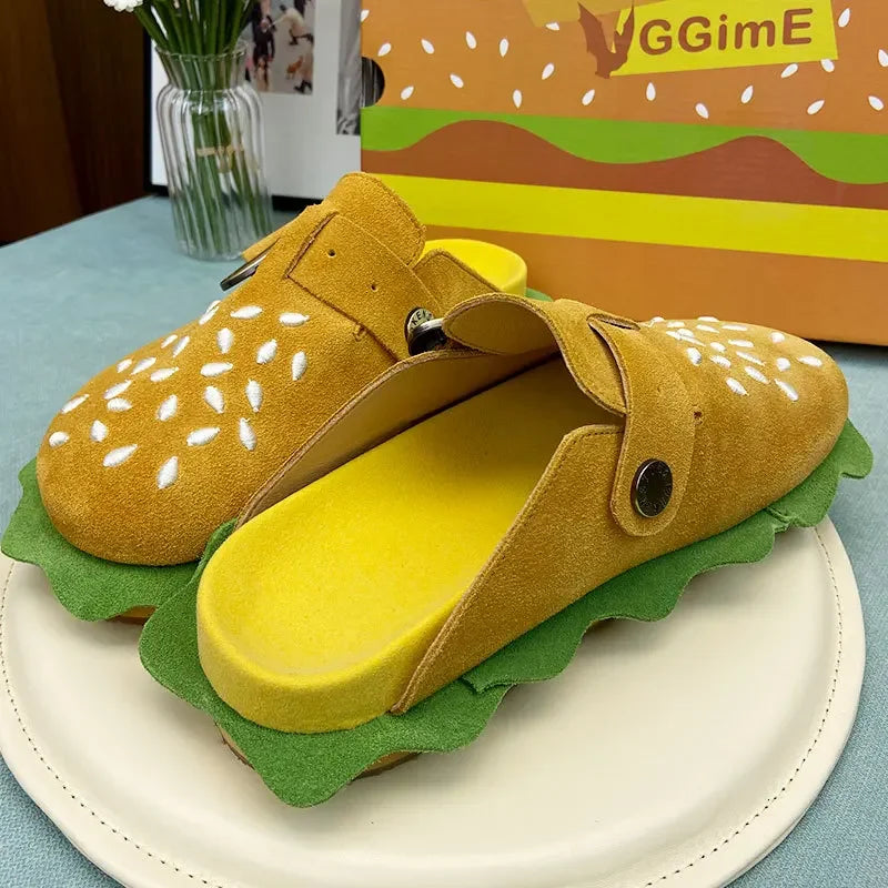 New Lazy Slippers Hamburger Sandals Lover Cute Cosplay Costumes Shoes Loafers Indoor Slippers Cow Suede Casual Comfort Men Women