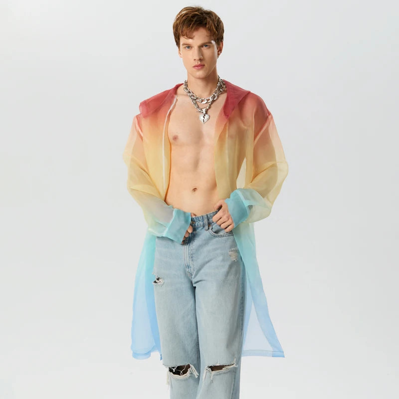 Men Trench Tie Dye Gradient Hooded Long Sleeve Transparent Open Stitch Casual Coats Streetwear Fashion Male Cardigan INCERU