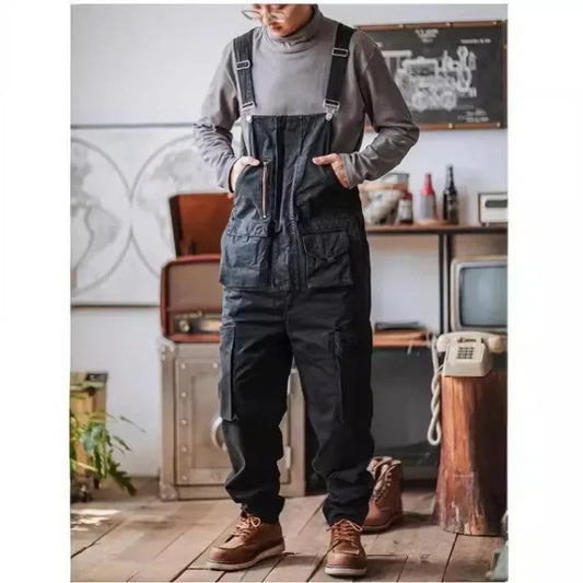 Trendy Brand Straight Tube Multi Pocket Work Overalls Men's Light Green Hip-hop Jumpsuit Couple Suspender Pants