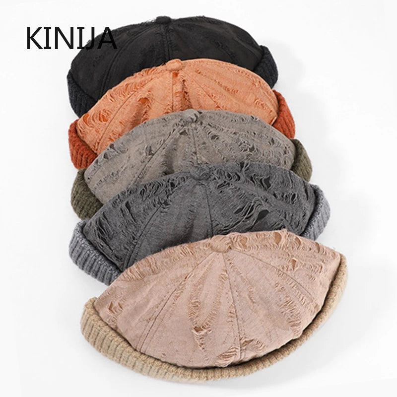 Men's Beanie Cap Knit Hat Boy Skullcap Sailor Cap Cuffs Solid Color Unisex Autumn Warm Cap Korean Version Small Face Cold Hat