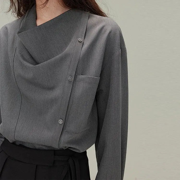 Premium gray drape shirt retro loose collar design long sleeve shirt bottoming shirt women's spring large size tide