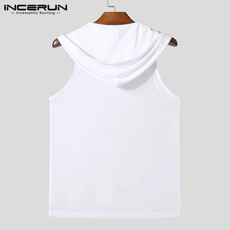 INCERUN Men Tank Tops Mesh Transparent Solid Color Hooded Sleeveless V Neck Male Vests Streetwear Sexy 2024 Fashion Men Clothing