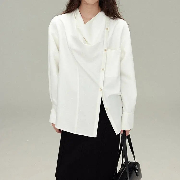 Premium gray drape shirt retro loose collar design long sleeve shirt bottoming shirt women's spring large size tide