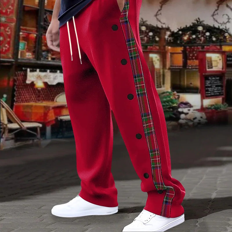 American New Men's Sports Pants Spring and Autumn Breasted Plaid Stitching Design Casual Pants Loose Straight Men's Sweatpants