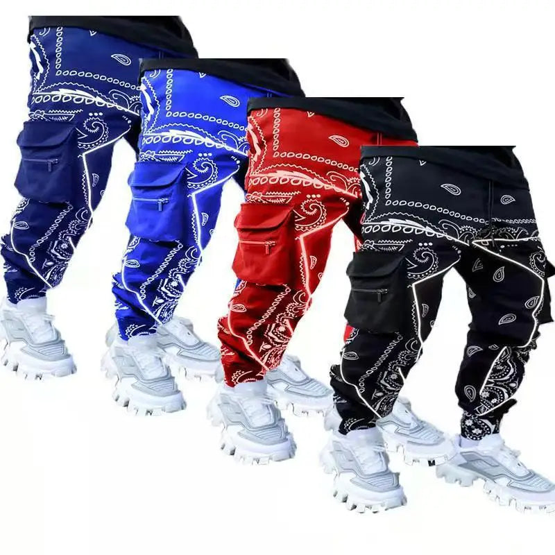 New Men's Cargo Pants Trend Printed Loose Hip Hop Fashion Street Wear Big Pocket Overalls Men Bright Color Four Seasons Trousers