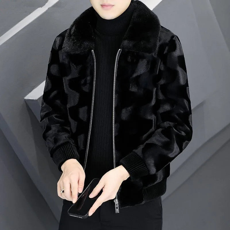 Men's Winter Faux Fur Coat High-End Zipper Thickened Warm Turn Down Collar Jacket Man Black Short Imitation Mink Hair Outwear