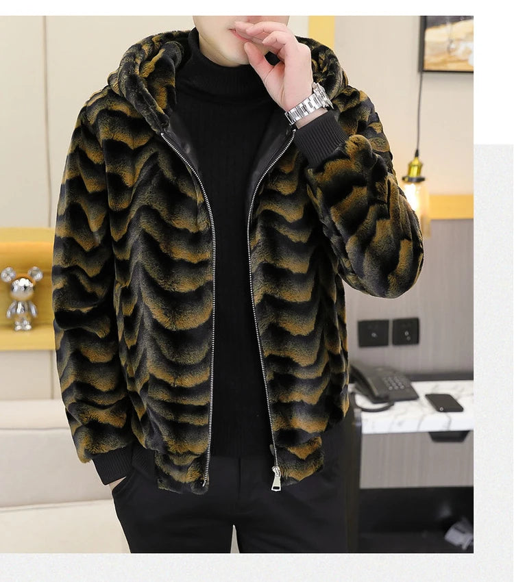 2022 Winter Faux Fur Mink Jackets Men Thicken Warm Imitation Fur Hooded Coat Slim Casual Business Social Jackets Men Clothing