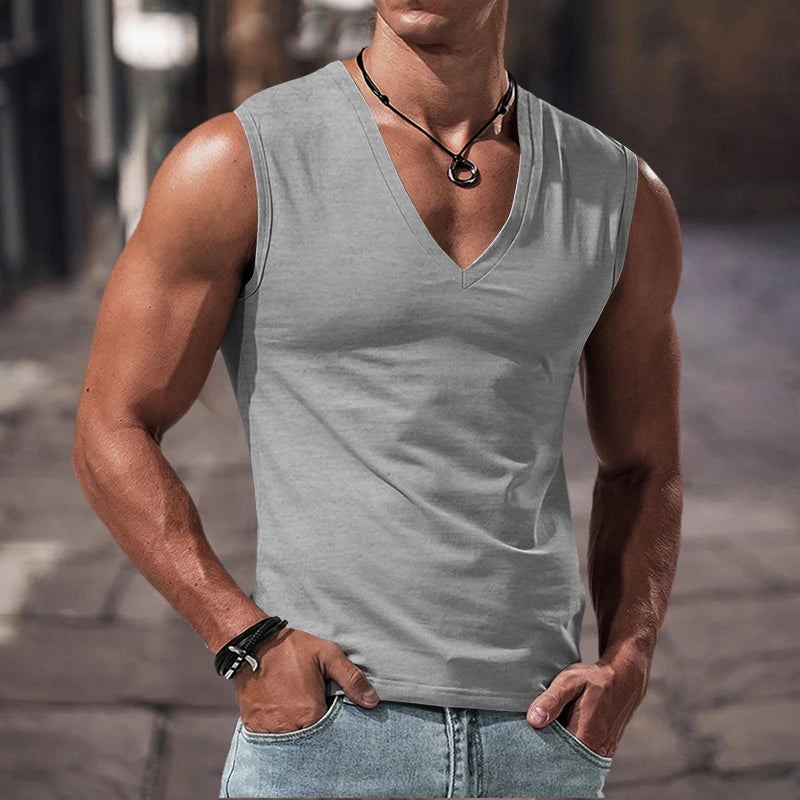 Summer men's solid color V-neck vest casual breathable sleeveless T-shirt vest suitable for fitness and sports