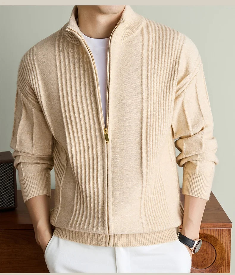 Luxury New Men's knitted sweater coat fashion jacquard zipper half high collar thicken warm soft comfort solid color cardigan