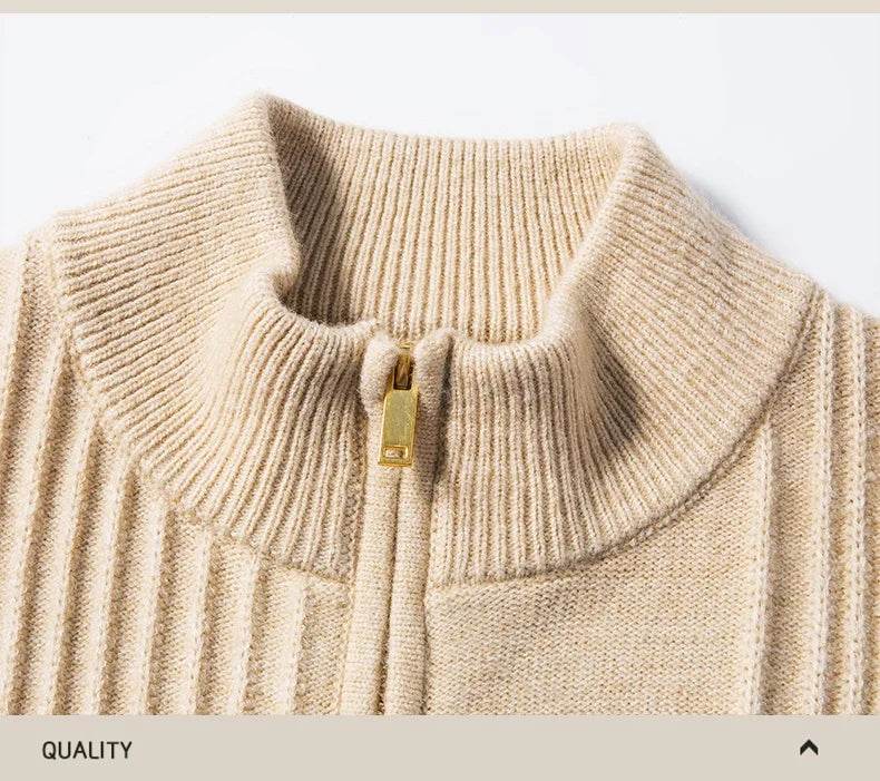 Luxury New Men's knitted sweater coat fashion jacquard zipper half high collar thicken warm soft comfort solid color cardigan