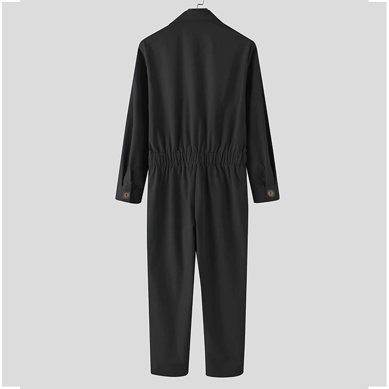 Men Solid Color Jumpsuit Playsuit  Buttons Casual Cargo Clothes Overalls Turn Down Collar Long Sleeve Oversized Waist Pants