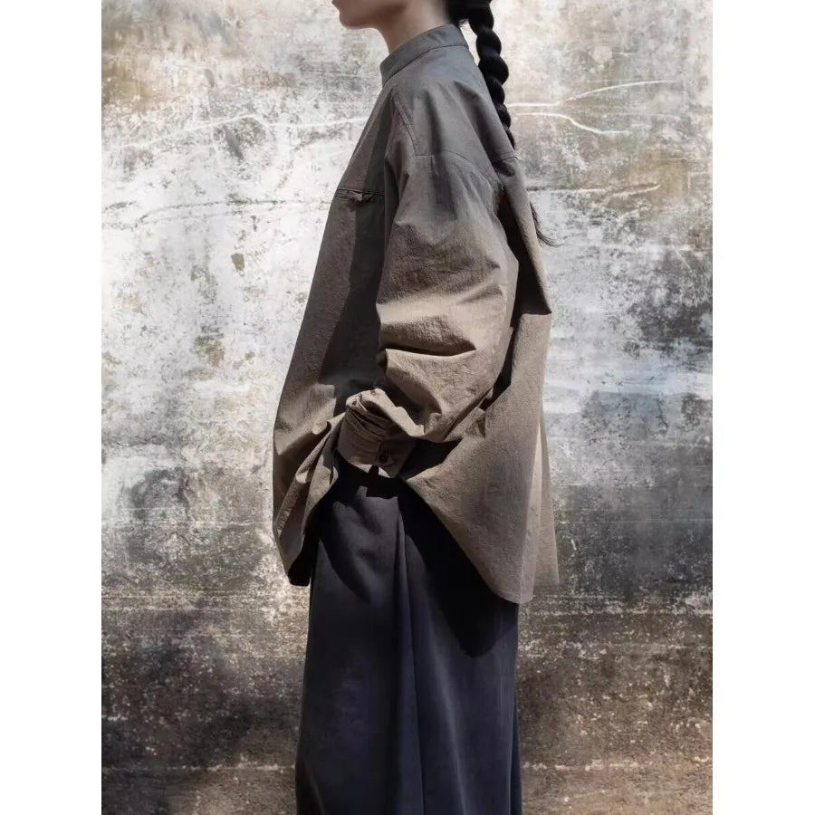 Elegant Grey-Brown Stand Collar Long Sleeve Shirt New Chinese Style Fashionable Design Cotton Top for Young Women