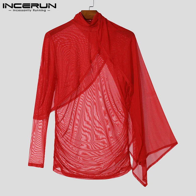 INCERUN Men See Through Solid Color Knitted T-Shirts Long Sleeve High Collar Camiseta Ruffled Edge Sexy Elegant Tops Fashion Top