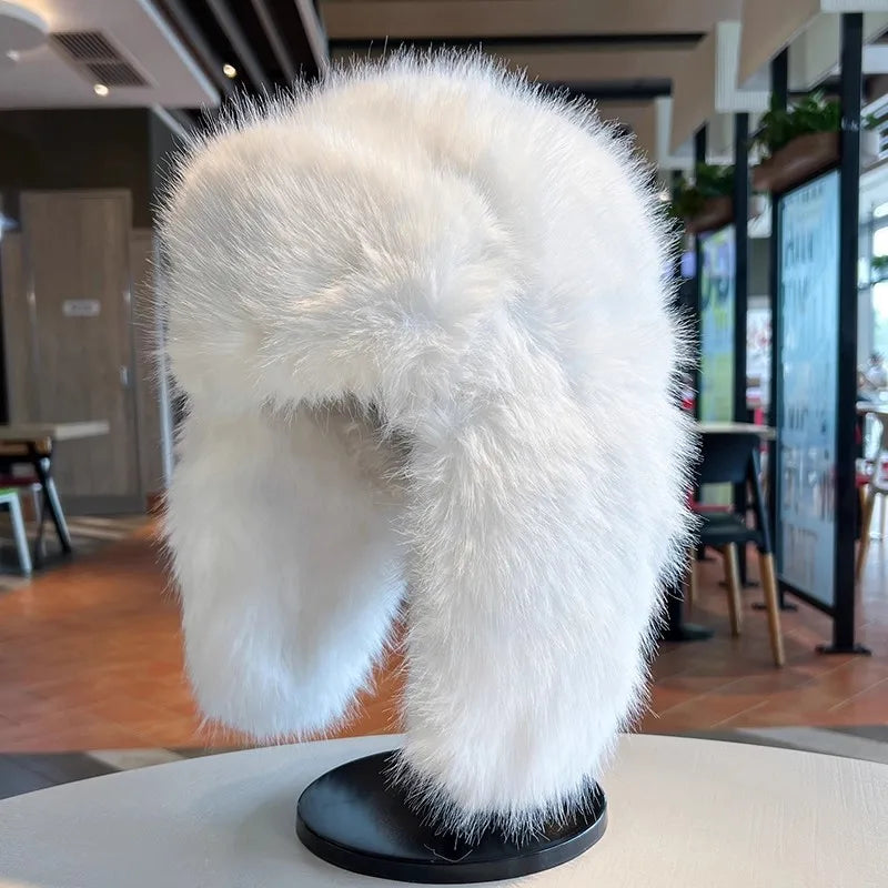 Thicken Winter Faux Fur Mink Plush Lei Feng Hat for Women Outdoor Skiing Cycling Cap Warm Ear Protection Cold Proof Russian Hat