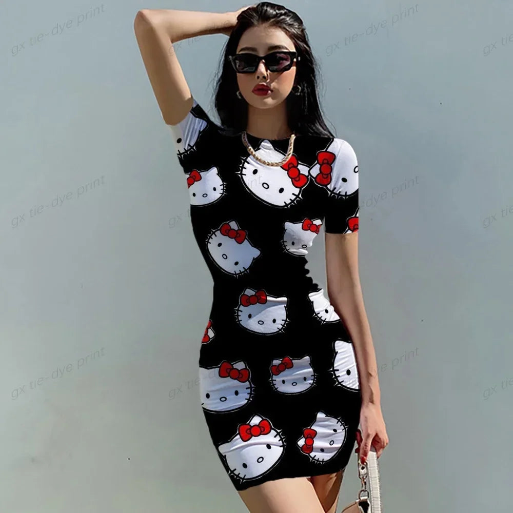 Summer Women's New Korean Temperament HELLO KITTY Print Dress Section Short-sleeved Waist Tight Sexy Bag Hip Dress