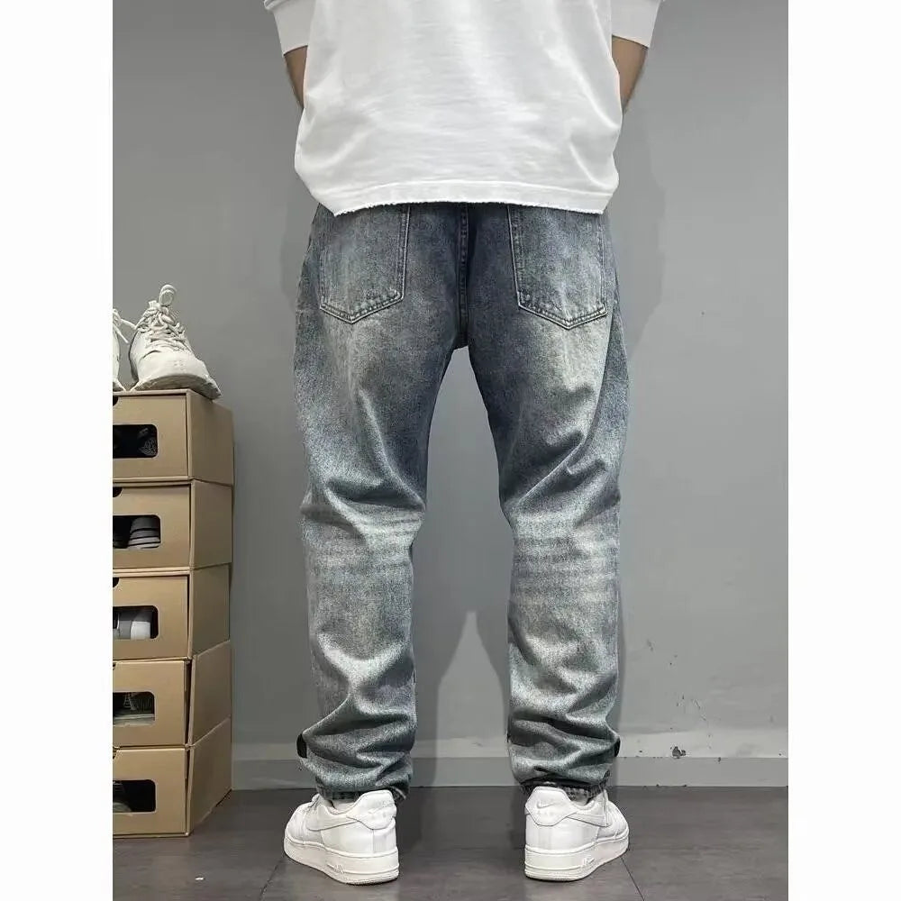 Autumn and Spring New Fashion Trend Printed Straight Leg Sports Denim Pants Men's Loose Comfortable Plus Size High Quality Pants
