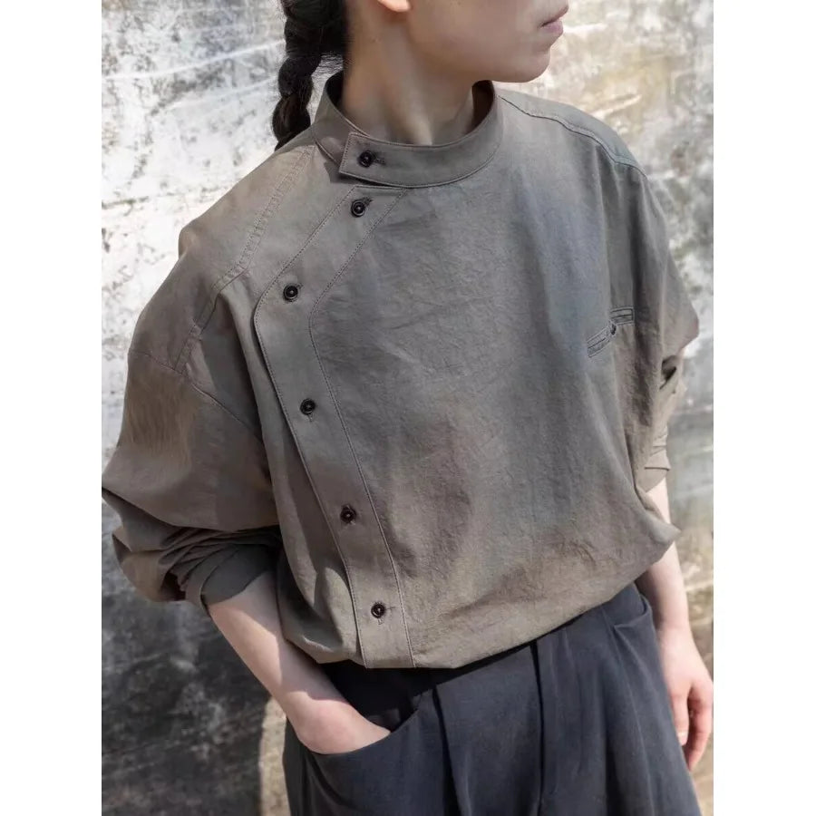 Elegant Grey-Brown Stand Collar Long Sleeve Shirt New Chinese Style Fashionable Design Cotton Top for Young Women