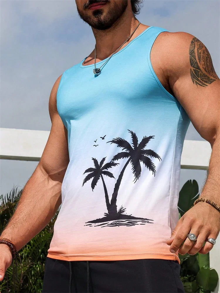 New Summer Men's Sleeveless T-Shirt Men's Outdoor Hawaii Classic Travel Wear Plus-Size Round Neck Palm Leaf 3D Printed Vest