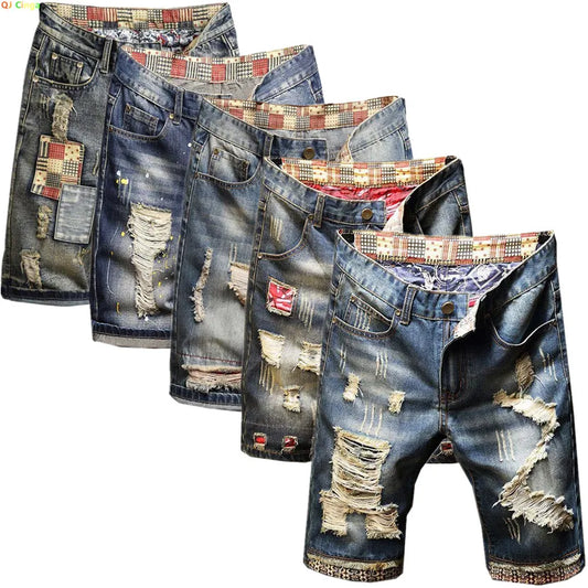 2025 Summer New Blue Men Vintage Ripped Short Jeans Streetwear Hole Slim Denim Shorts Male Brand Clothes Big Size 28-36 38 40