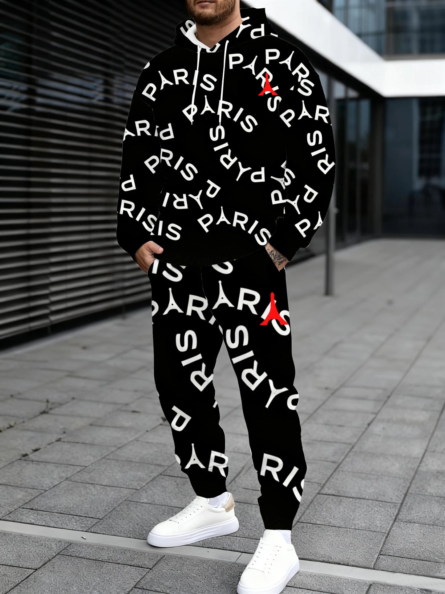 Men's hooded sweatshirt and sweatpants, with PARIS color-blocking combinations, are versatile for the street
