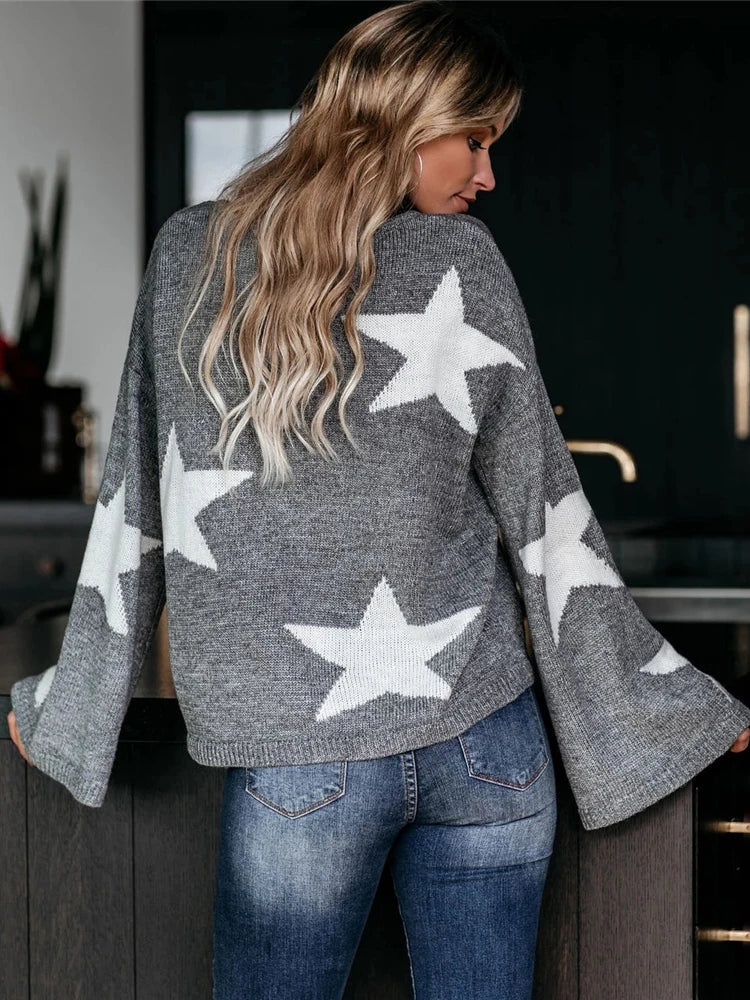 Fitshinling Flare Sleeve Stars Women's Sweaters Casual Holiday Bohemian Slim Jumper Knitwear Autumn Winter Sweater 4 Colors Pull