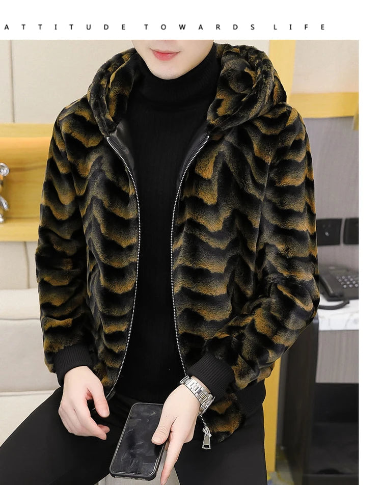 2022 Winter Faux Fur Mink Jackets Men Thicken Warm Imitation Fur Hooded Coat Slim Casual Business Social Jackets Men Clothing