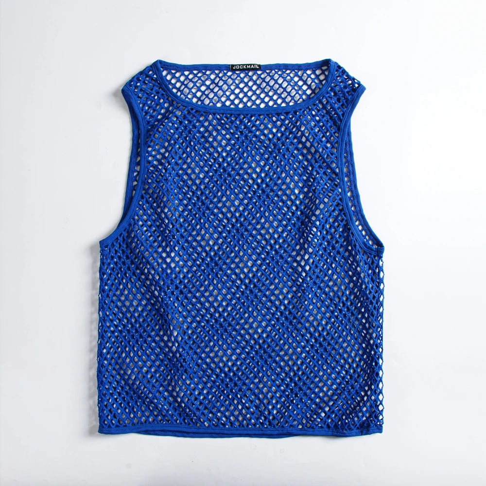 JOCKMAIL Men Tank Tops Mesh Hollow Out O-neck Sleeveless Male Vests Streetwear Summer Sexy See Through Fashion Men Clothing