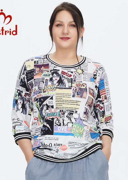 Astrid Women's t-shirt  Silk Top Plus size Female Clothing Vintage Fashion Anime Cartoon graphic Print O-neck blouses Trends