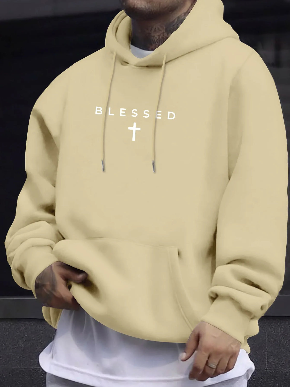 Men's Fall/winter Casual Comfortable Hooded Sweater with Blessing Cross Pattern and Geometric Designs in A Loose Fit.