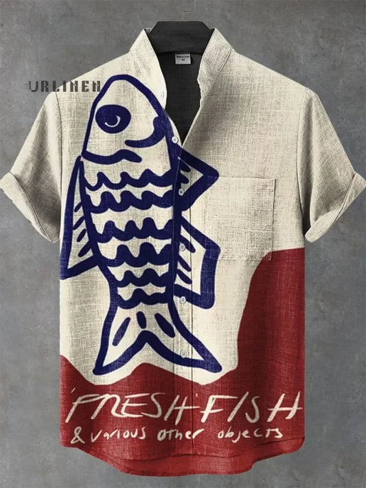 2025 Summer Blue Fish Line Retro 3D Printed Casual Fashion 100% Linen Men's Short sleeved Stand up Collar Shirt