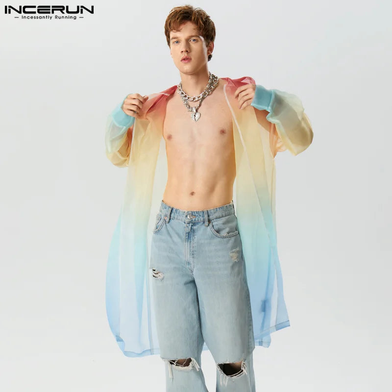 Men Trench Tie Dye Gradient Hooded Long Sleeve Transparent Open Stitch Casual Coats Streetwear Fashion Male Cardigan INCERU