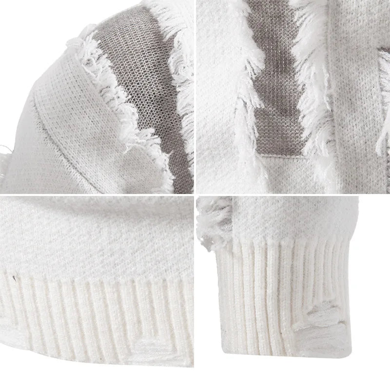 Fashion 2025 Autumn and Winter New Men's Sweater Color-blocked Ripped Round Neck Long Sleeve Base Shirt Knitted Sweater