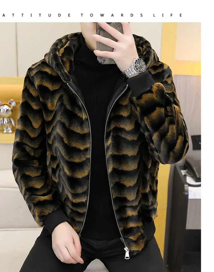 2022 Winter Faux Fur Mink Jackets Men Thicken Warm Imitation Fur Hooded Coat Slim Casual Business Social Jackets Men Clothing