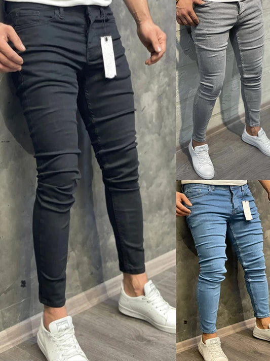 High Quality Fashion European American Classic Solid Washing Denim Pants Casual Men's Stretch Trouser Blue Skinny Jeans Men