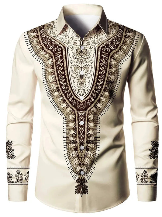 New Men's Retro Fashion Classic Shirt Four Seasons Essential Casual Lapel Button Down Shirt Men's Ethnic Print Party Shirt