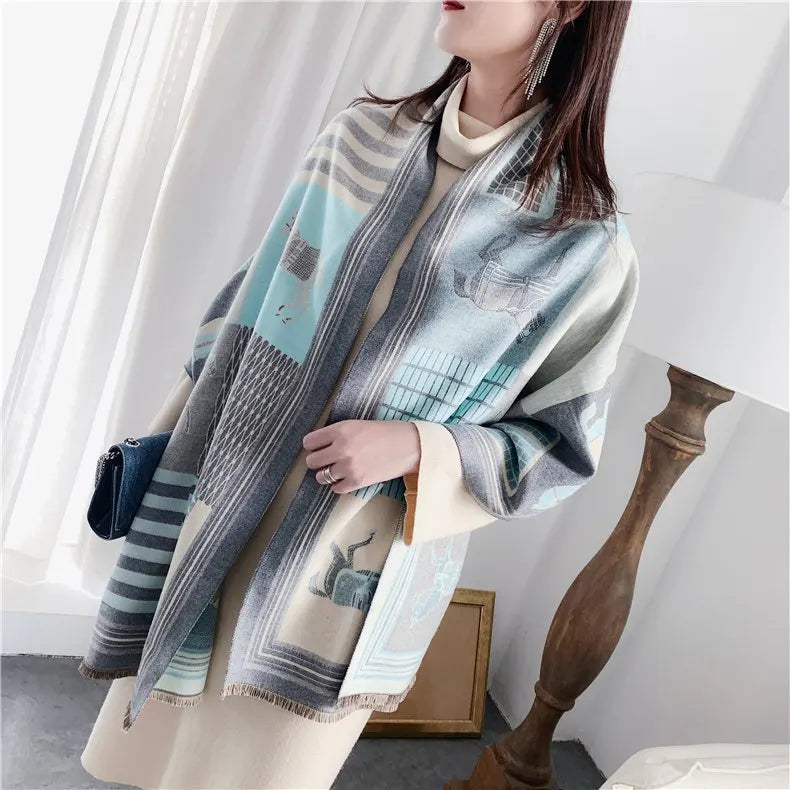 Winter Cashmere Scarf Women Luxury Horse Print Female Shawl Wrap Scarves Lady Thick Warm Blanket Gift Echarpe Pashmina