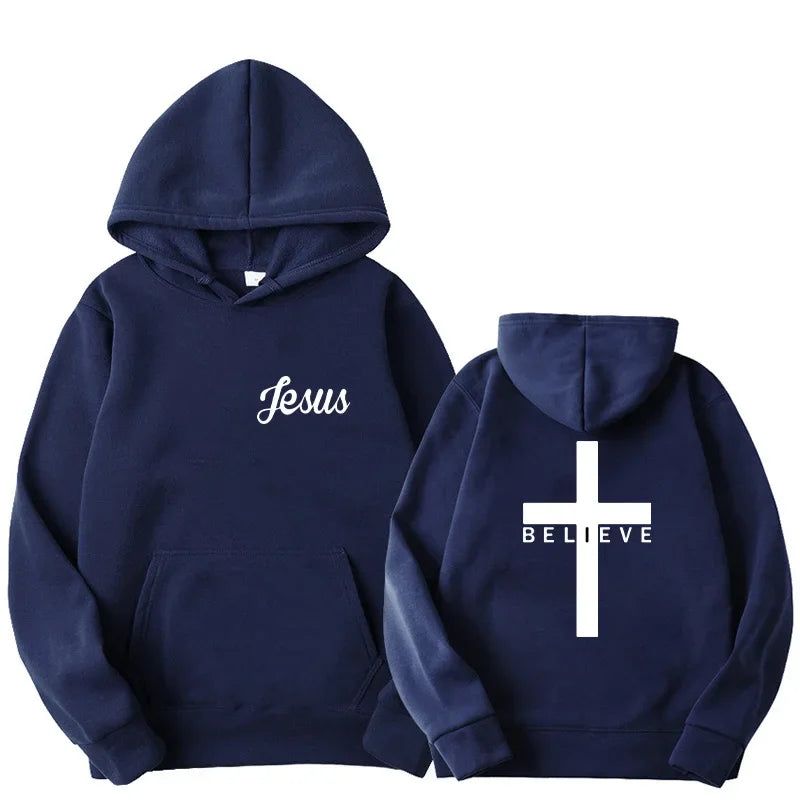 Men's Believe Cross Jesus Printed Hoodies Man Design Drawstring Hoodie Tops Harajuku Spring Autumn Hooded Streetwear Sportwear