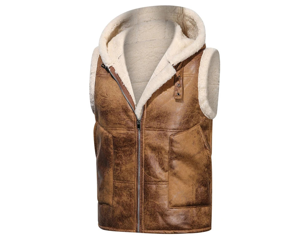 Winter Men's Fleece Warm PU Leather Vests Classical Men Faux Fur Motorcycle Leather Vests Men Windbreaker Hooded Vests Clothing