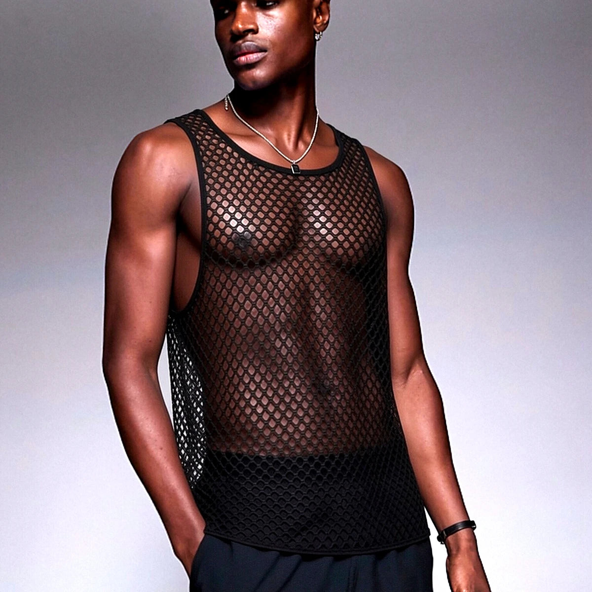 JOCKMAIL Men Tank Tops Mesh Hollow Out O-neck Sleeveless Male Vests Streetwear Summer Sexy See Through Fashion Men Clothing