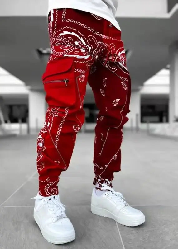 New Men's Cargo Pants Trend Printed Loose Hip Hop Fashion Street Wear Big Pocket Overalls Men Bright Color Four Seasons Trousers